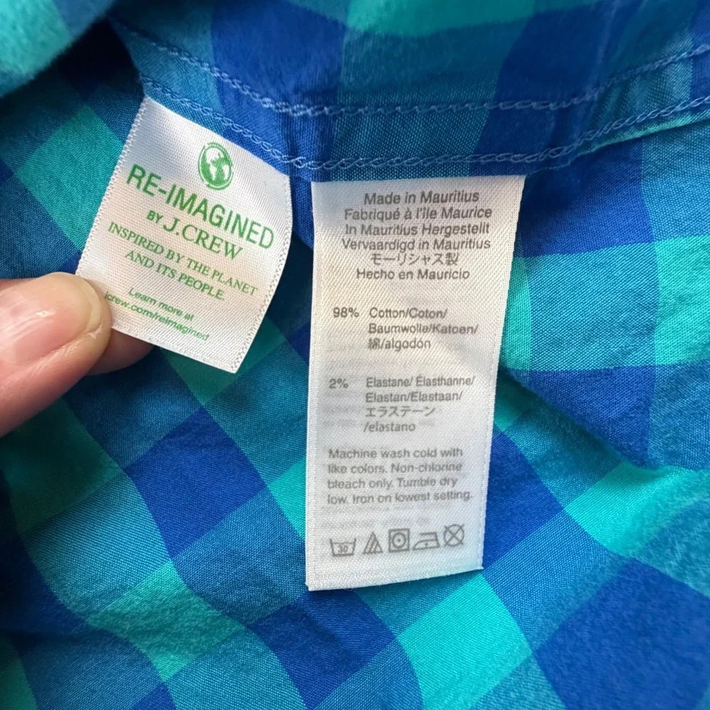 J.Crew Mens Slim Fit Flex Washed Gingham Button Down Shirt Blue Teal Medium